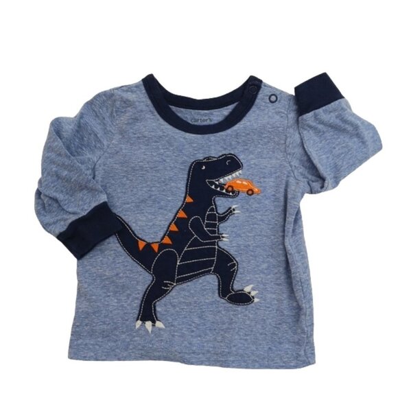 CARTER'S Boys Dinosaur Shirt Size 6 Months Blue Embroidered Long Sleeve - Picture 1 of 6